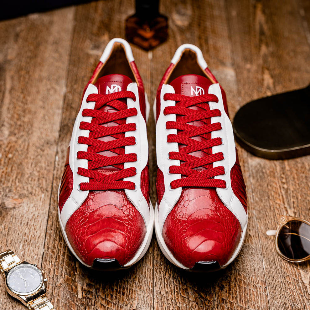 Marco Di Milano Lyon Men's Shoes Red & White Calf-Skin / Ostrich Casual Sneakers (MDM1072)