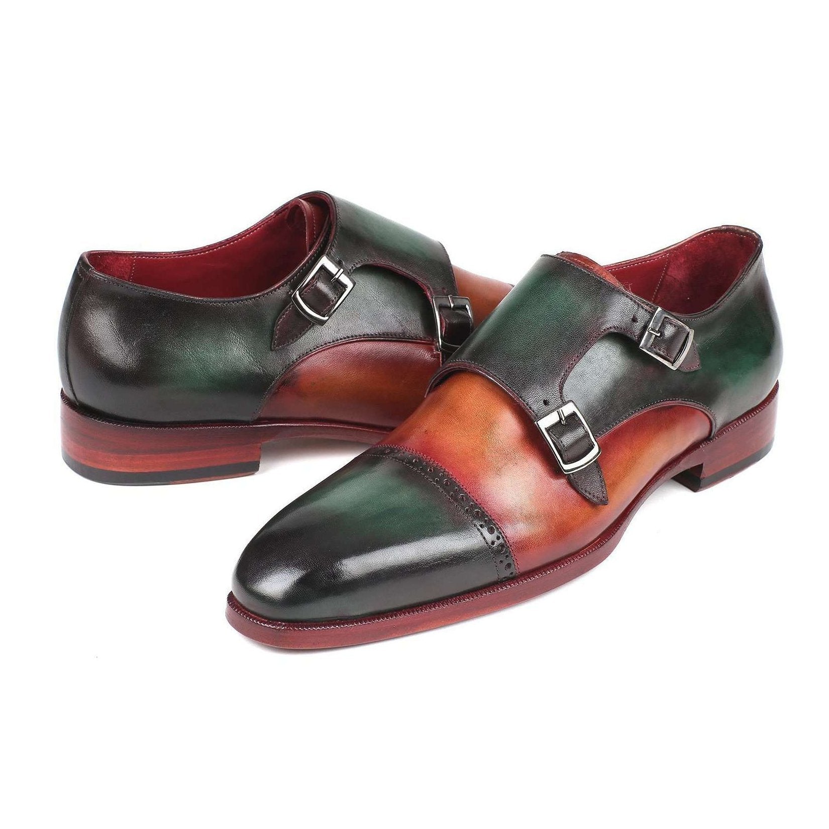 Paul Parkman Handmade Designer Shoes Men's Green & Camel Calf-skin Leather Captoe Double Monkstrap Loafers 045GC61 (PM5916)