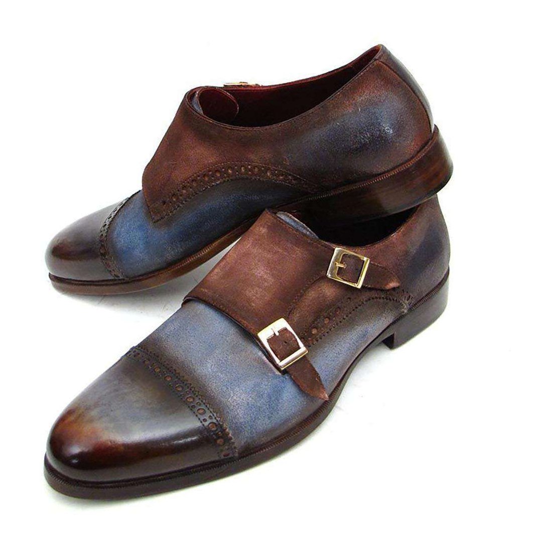 Paul Parkman Handmade Designer Shoes Men's Handmade Designer Shoes Captoe Double Monkstrap Brown / Blue Loafers (PM4001)