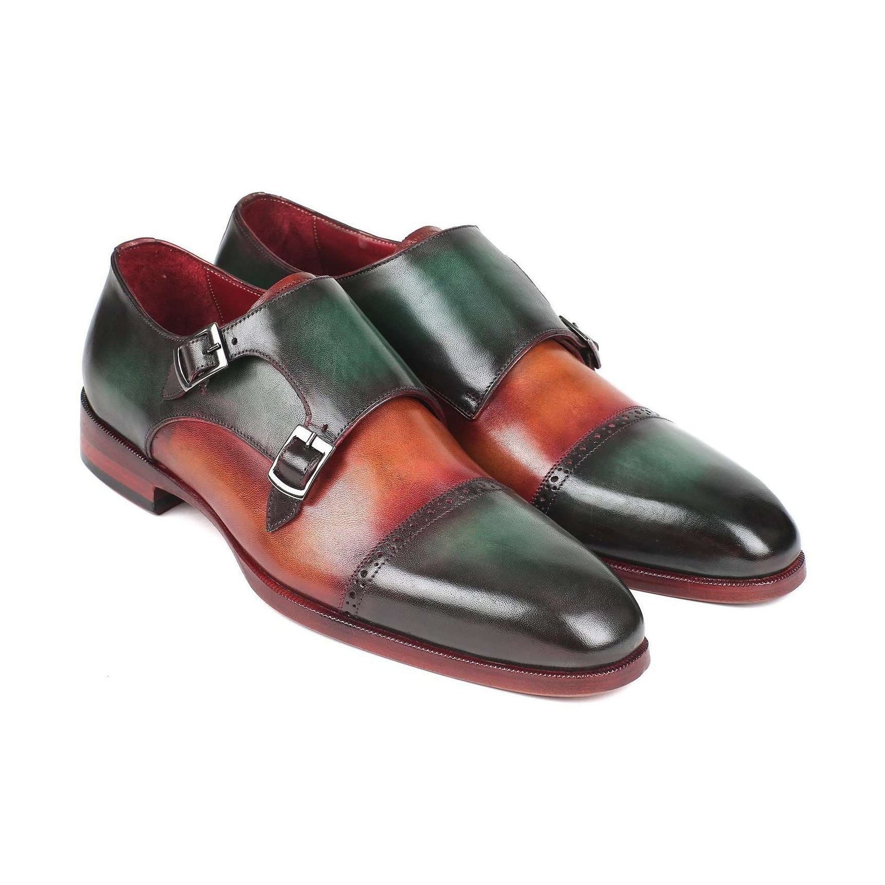 Paul Parkman Handmade Designer Shoes Men's Green & Camel Calf-skin Leather Captoe Double Monkstrap Loafers 045GC61 (PM5916)