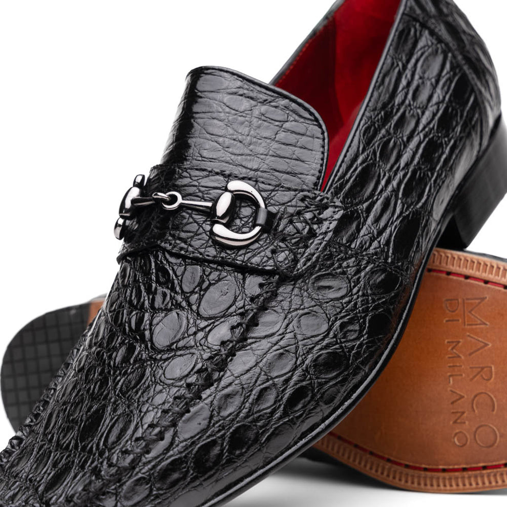 Marco Di Milano Landro Men's Shoes Black Exotic Crocodile Horsebit Loafers (MDM1023)