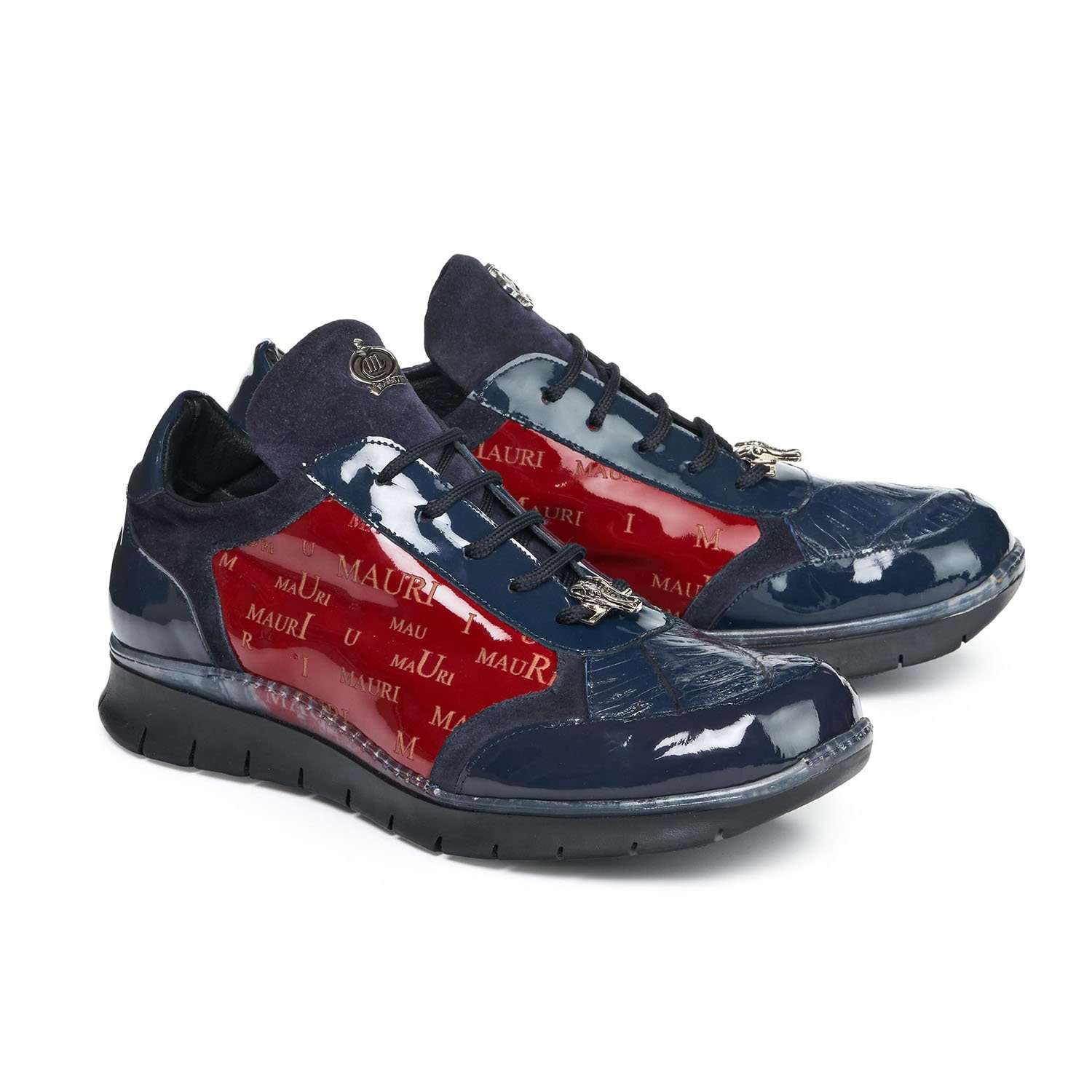 Mauri 8571 Legend Men's Designer Shoes Red and Wonder Blue Baby Crocodile / Suede / Patent Leather Sneakers (MA5025)