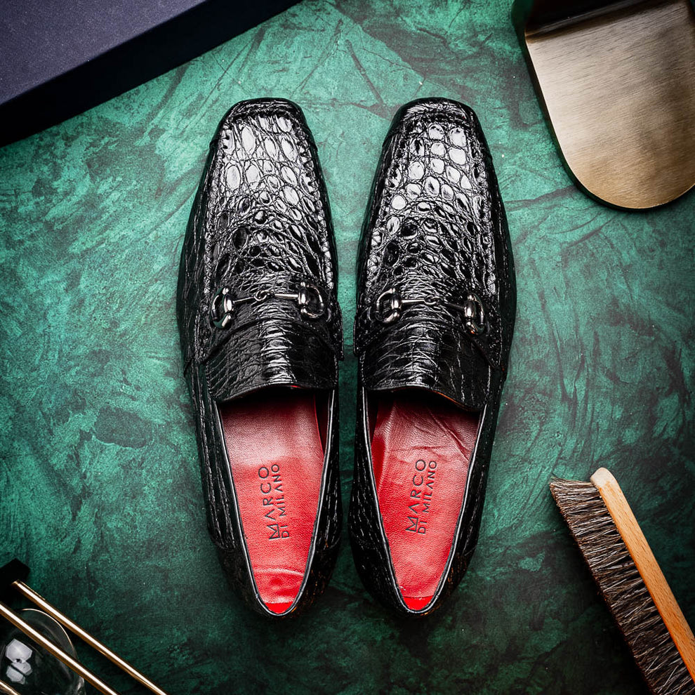 Marco Di Milano Landro Men's Shoes Black Exotic Crocodile Horsebit Loafers (MDM1023)