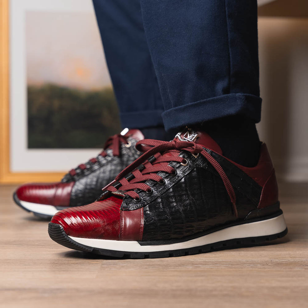 Marco Di Milano Portici Men's Shoes Wine & Black Exotic Lizard / Crocodile Casual Sneakers (MDM1016)