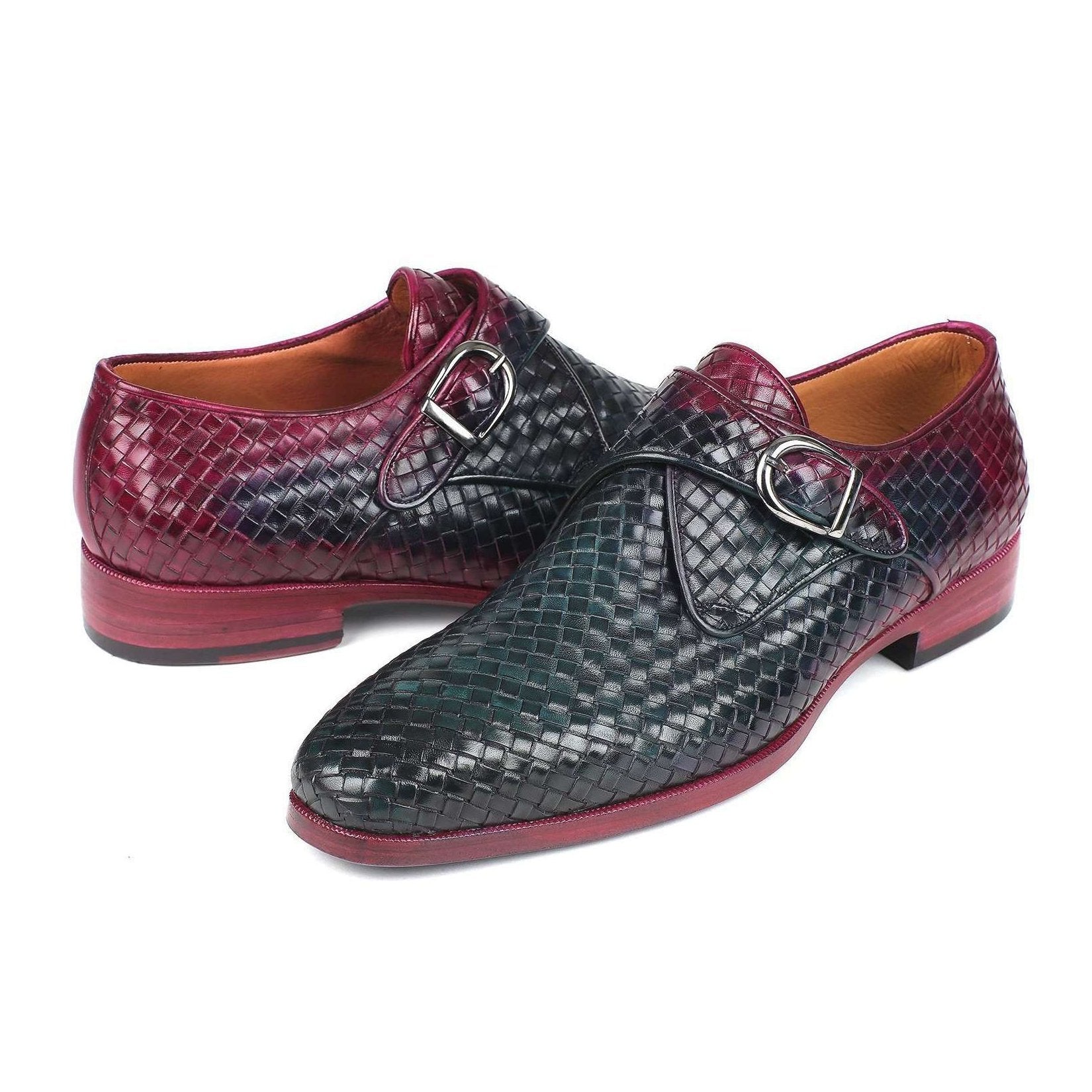 Paul Parkman Handmade Designer Shoes Men's Purple & Green Woven Calf-skin Leather Monkstraps Loafers 011WN28 (PM5908)