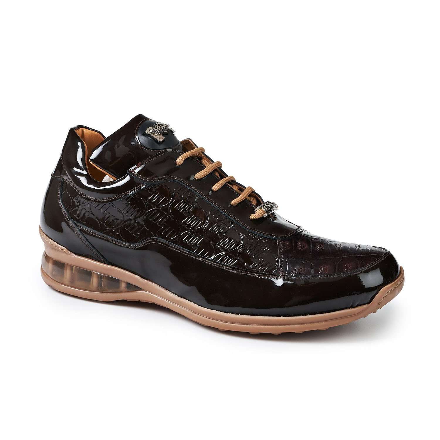 Mauri 8900/2 Bubble Men's Designer Shoes Dark Brown Baby Crocodile and Patent Print Leather Sneakers (MA5018)
