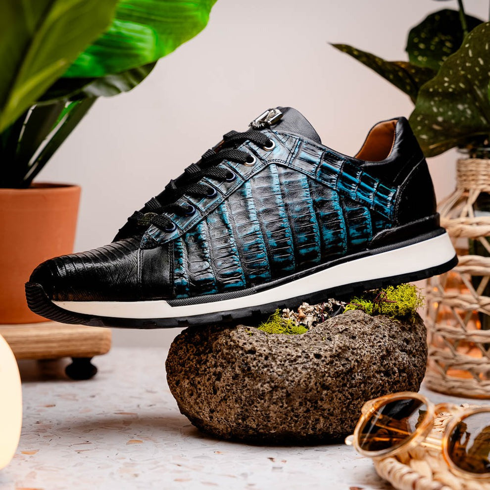 Marco Di Milano Portici Men's Shoes Wine & Black Exotic Lizard / Crocodile Casual Sneakers (MDM1016)