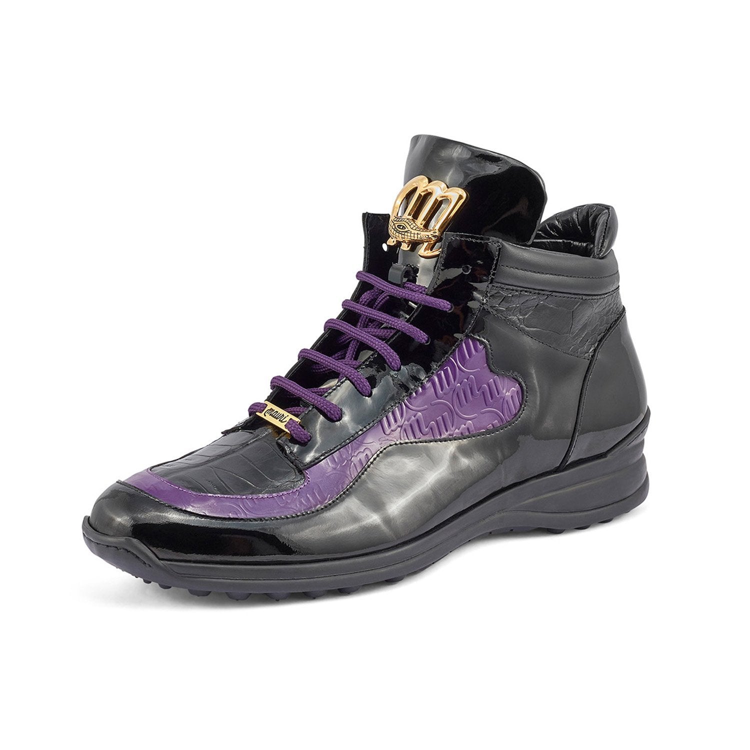Mauri 8409 Hype Men's Shoes Black & Purple Exotic Crocodile / Ostrich Leg / Patent Leather High-Top Sneakers (MA5405)