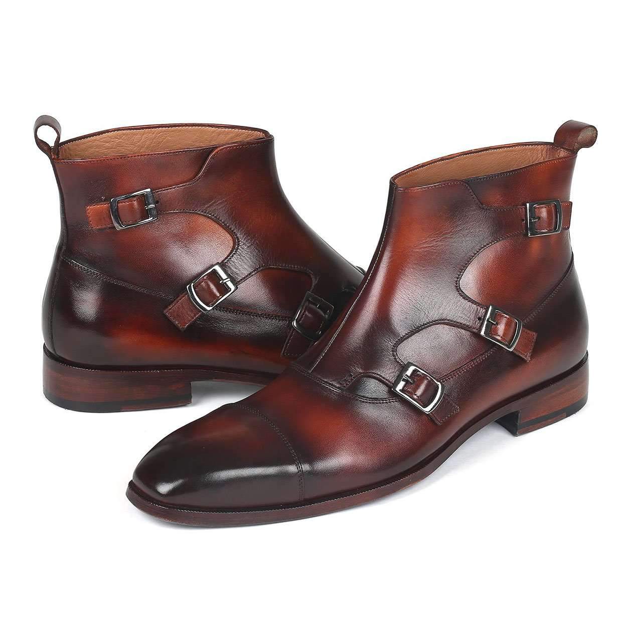 Paul Parkman Men's Brown Calf-Skin Leather Triple Monk-Straps Boots 88951-BRW (PM6144)