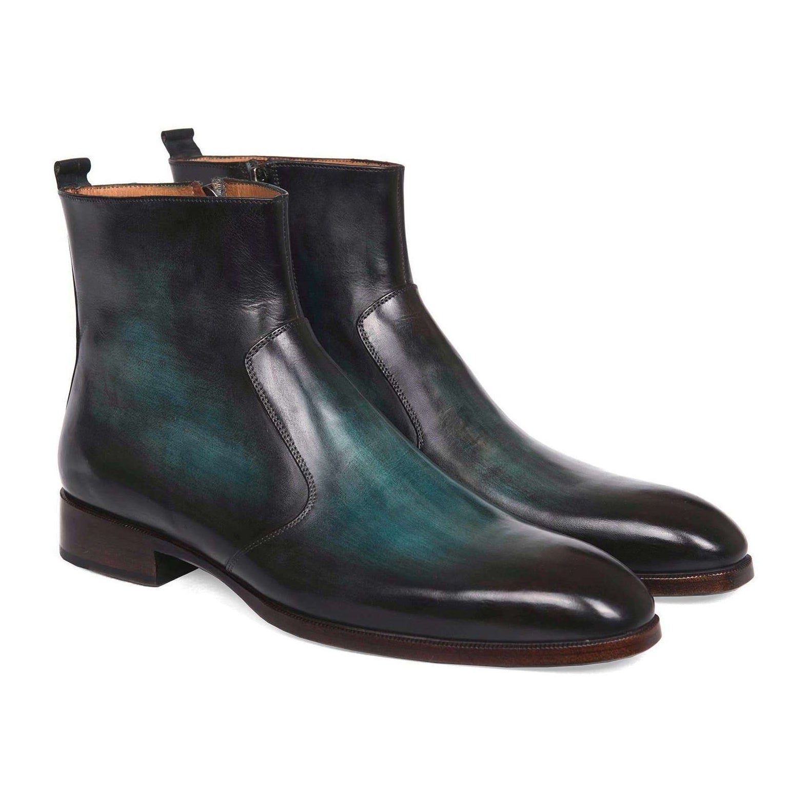 Paul Parkman Handmade Designer Shoes Turquoise Burnished Side Zipper Boots (PM5601)