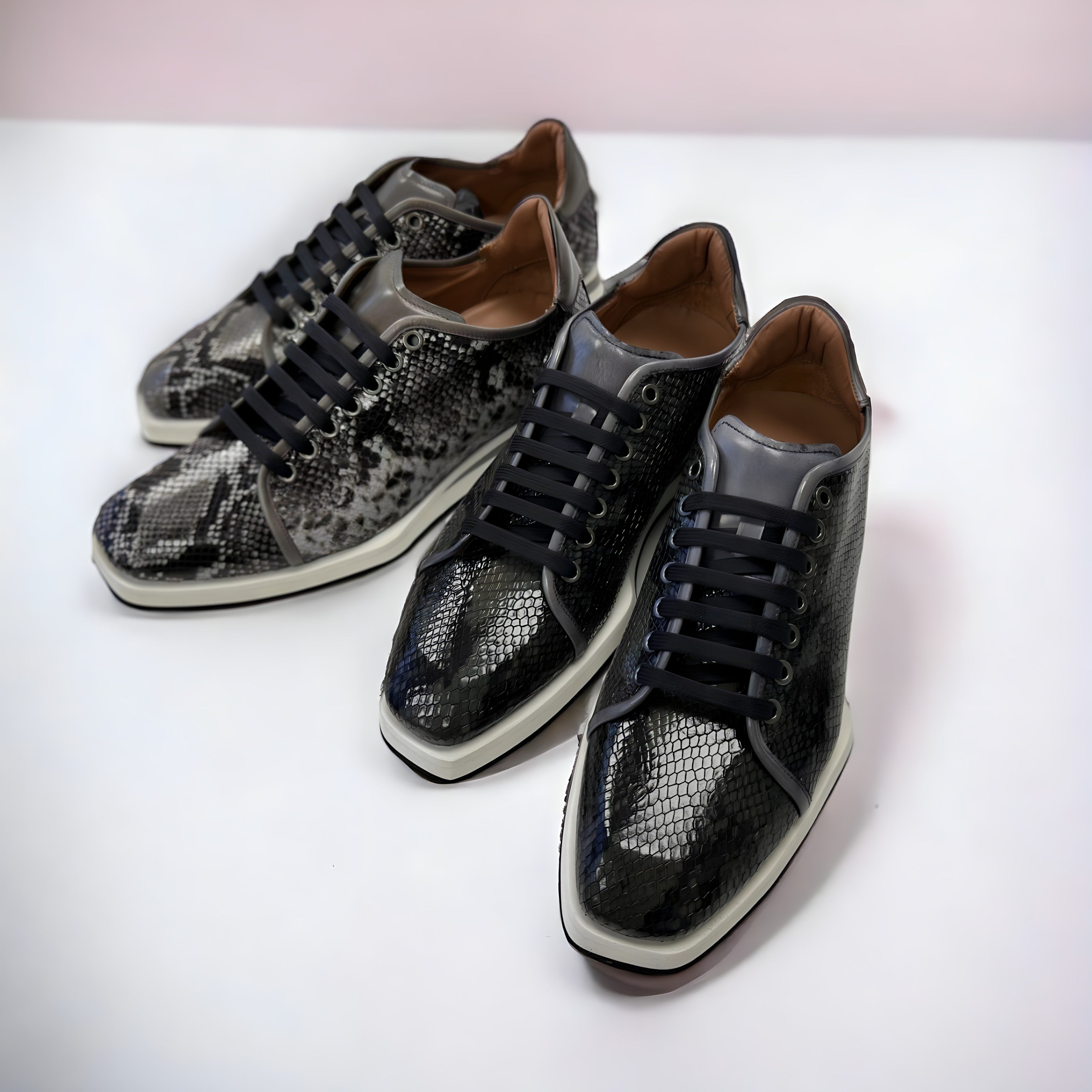 Ambrogio Men's Shoes Gray Snake-Print Leather Casual Sneakers (AMZ1007)