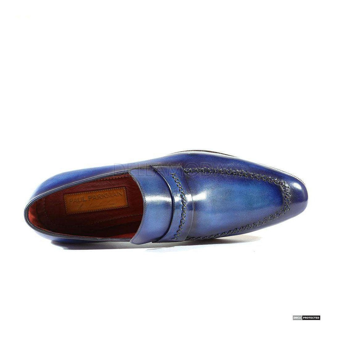Paul Parkman Handmade Designer Shoes Handmade Men's Designer Shoes Stitched Hand-Painted Navy / Blue Loafers (PM1002)