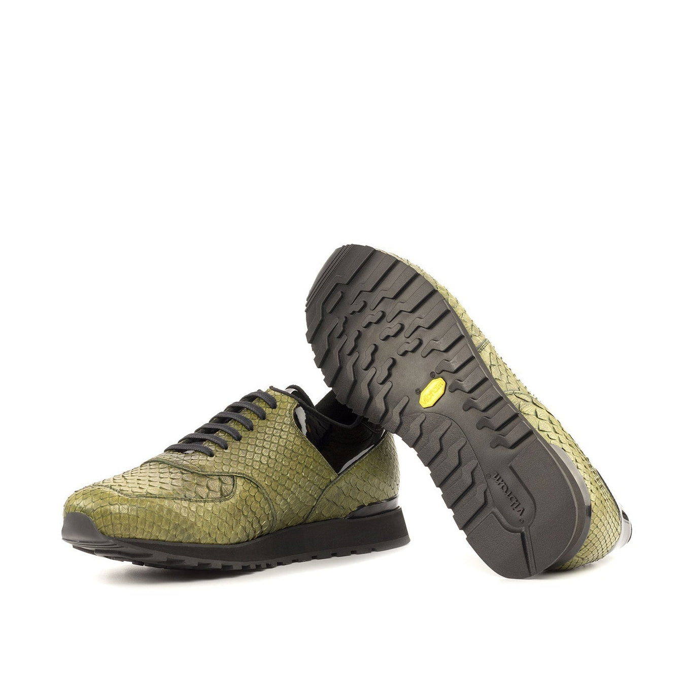 Ambrogio Bespoke Men's Shoes Black & Olive Exotic Python / Patent Leather Jogger Sneakers (AMB2258)