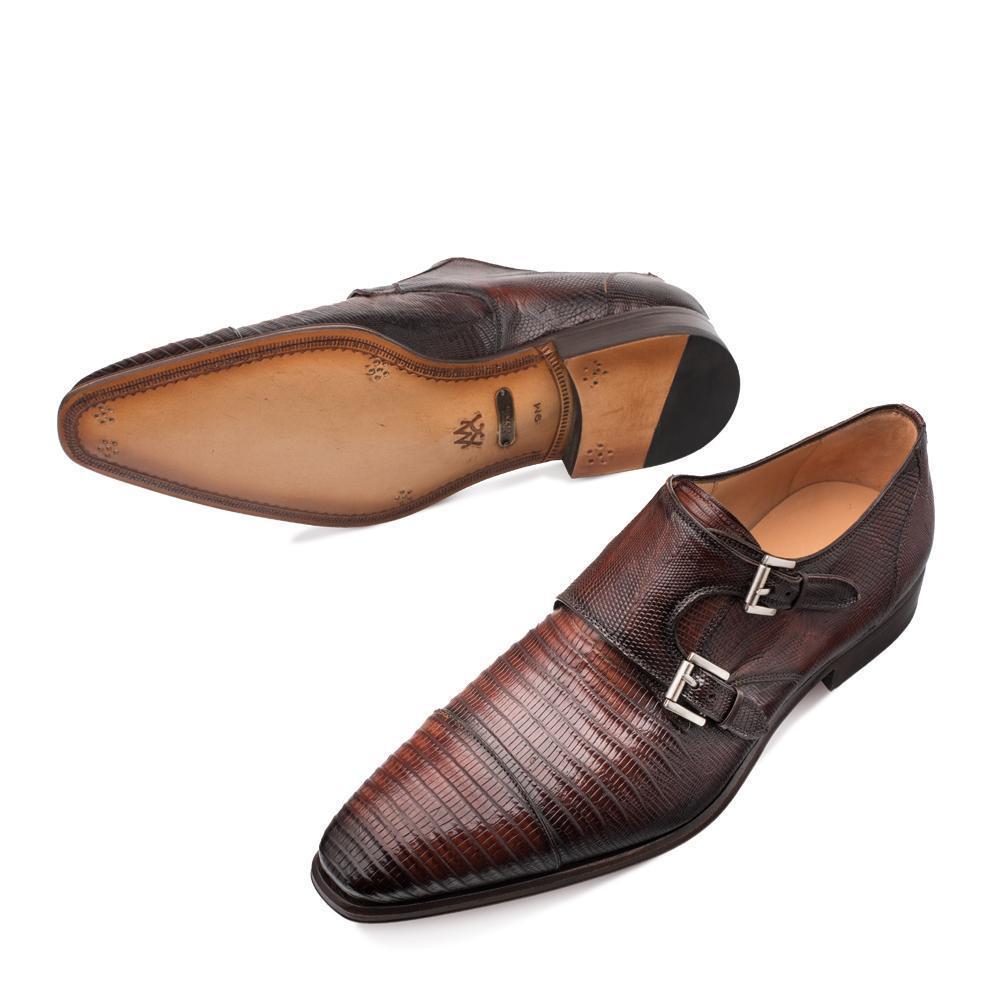 Mezlan Argentum Men's Designer Shoes Cognac Exotic Lizard-Skin Cap-Toe Monk-Straps Loafers 4591-L (MZ3195)