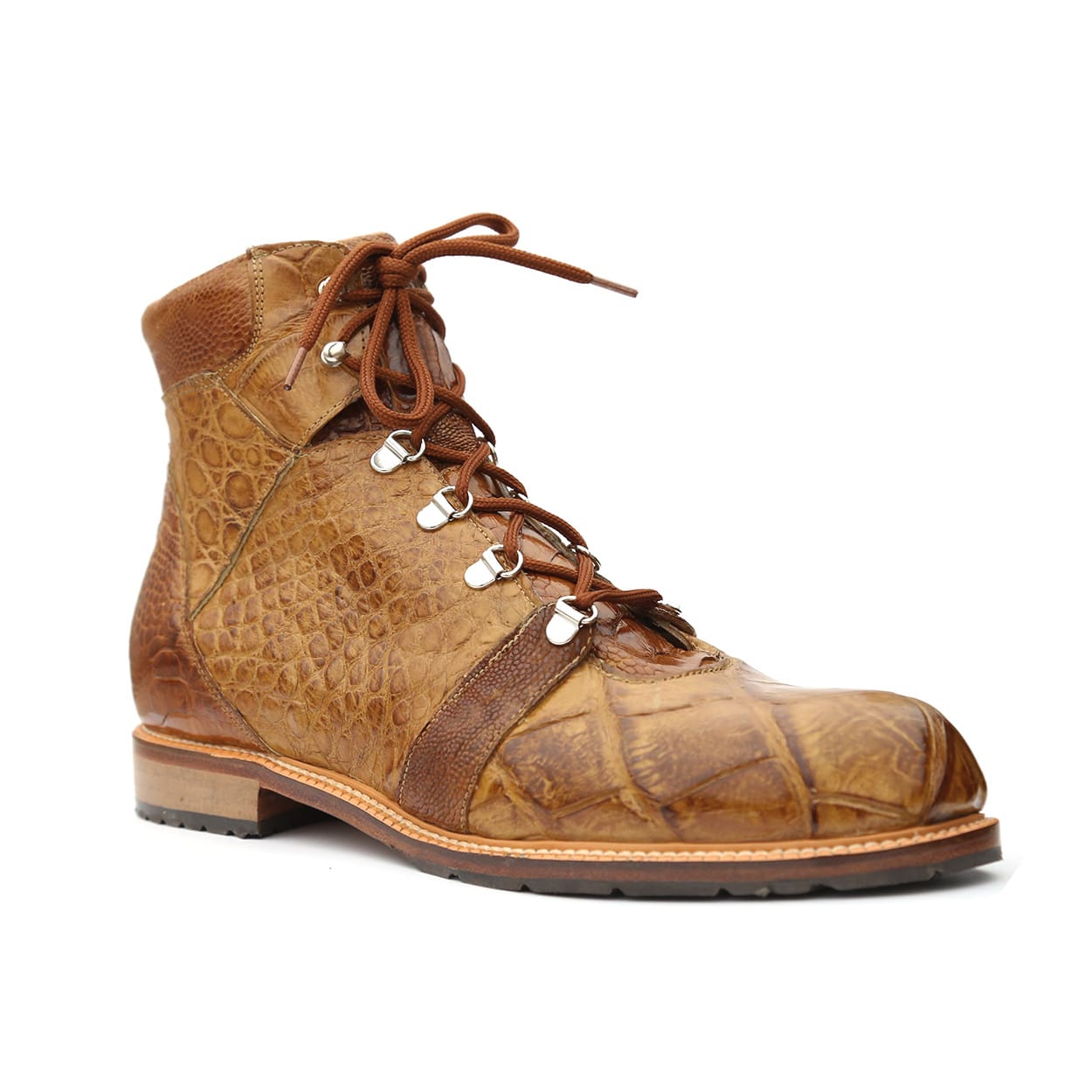 Mauri Pathfinder Men's Designer Shoes Mustard Brown Body Alligator and Ostrich Leg Boots (MAS5011)