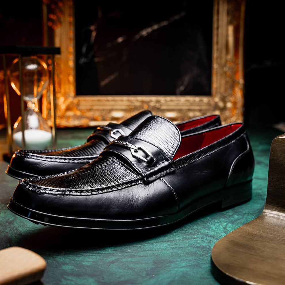 Marco Di Milano Hugo Men's Shoes Black Exotic Lizard / Calf-Skin Leather Horsebit Loafers (MDM1082)