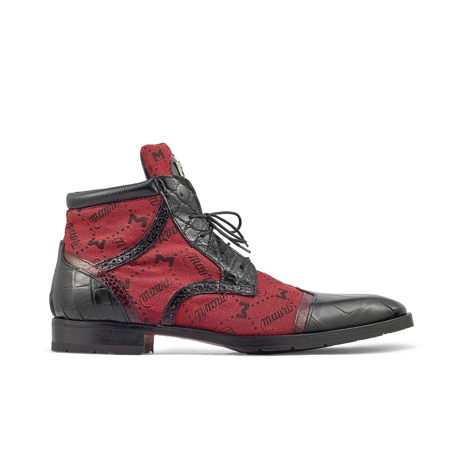 Mauri 3069 Jetset Men's Shoes Black & Ruby Red Exotic Alligator / Ostrich Leg / Mauri Fabric Derby Boots (MA5395)