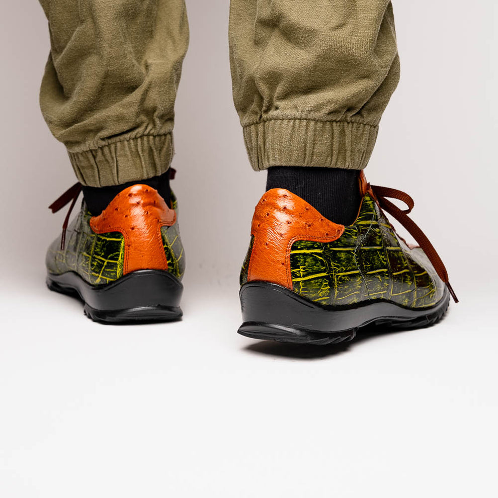 Marco Di Milano Saulo Men's Shoes Green & Cognac Exotic Ostrich / Alligator Casual Sneakers (MDM1045)