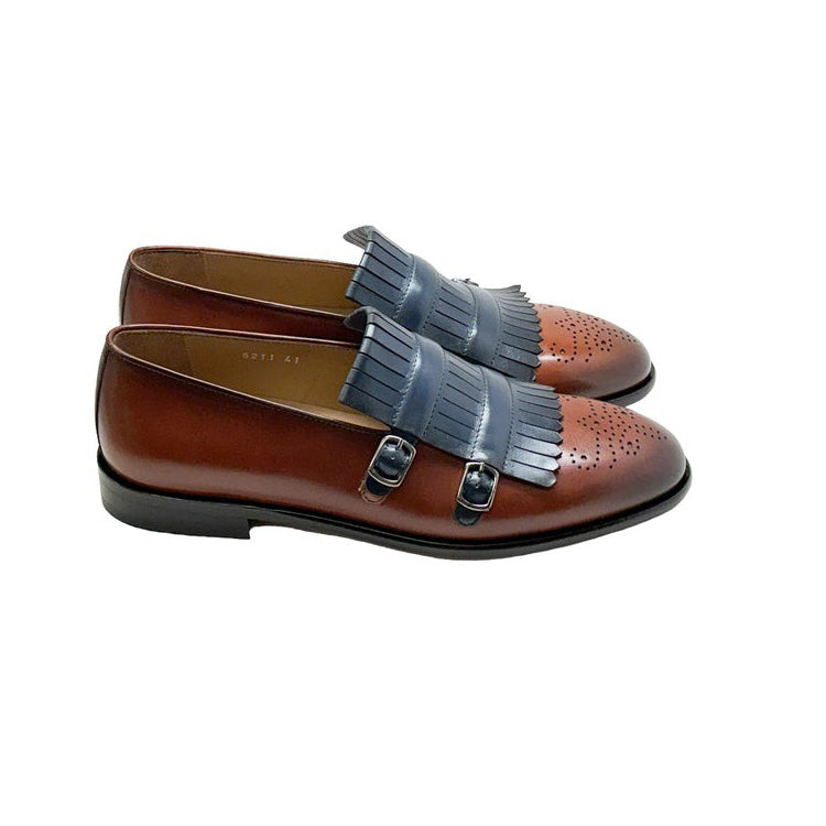 Corrente C0001901-5211 Men's Shoes Navy & Brown Calf-Skin Leather Kilt Buckles Loafers (CRT1496)