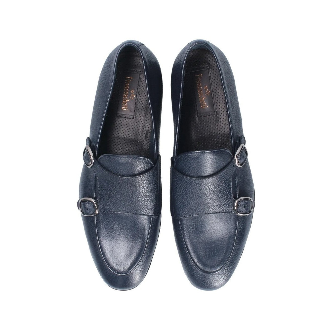 Franceschetti Ravenna Men's Shoes Blue Tumbled Calf-Skin Leather Double Buckle Belgian Loafers (FCCT1002)