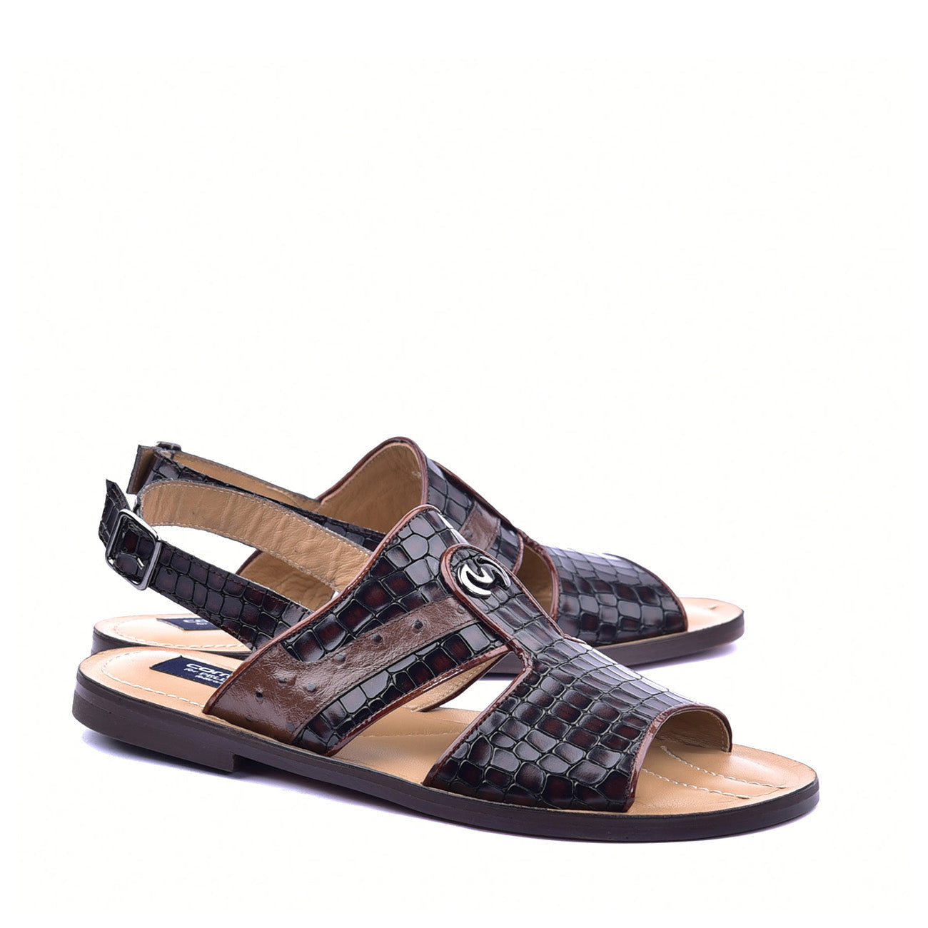Corrente C0075 5829S Men's Shoes Brown Embossed Leather and Ostrich Sandals (CRT1362)