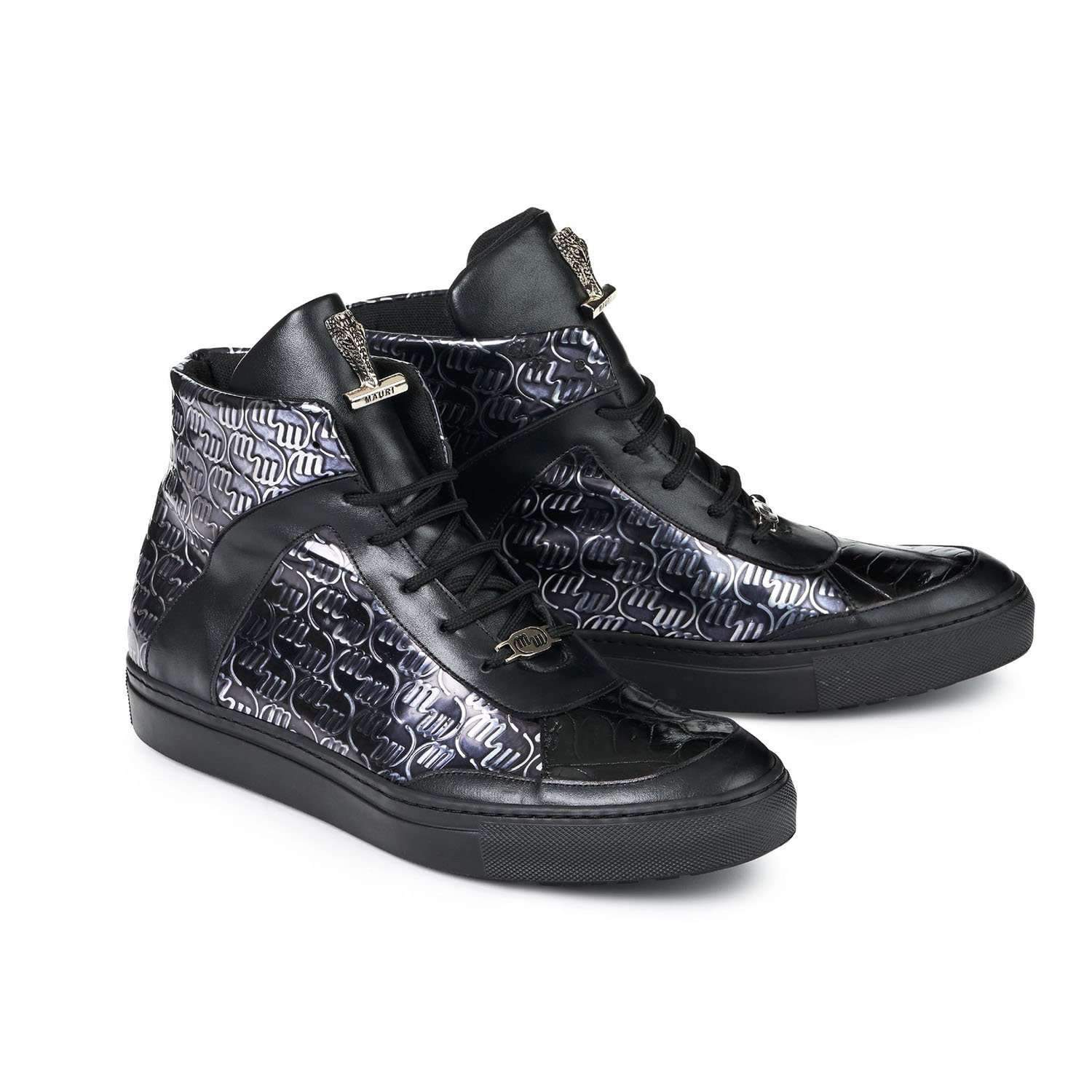 Mauri 8583 Heart Men's Designer Shoes Nappa Black Calf-Skin Print and Baby Crocodile Sneakers (MA5016)