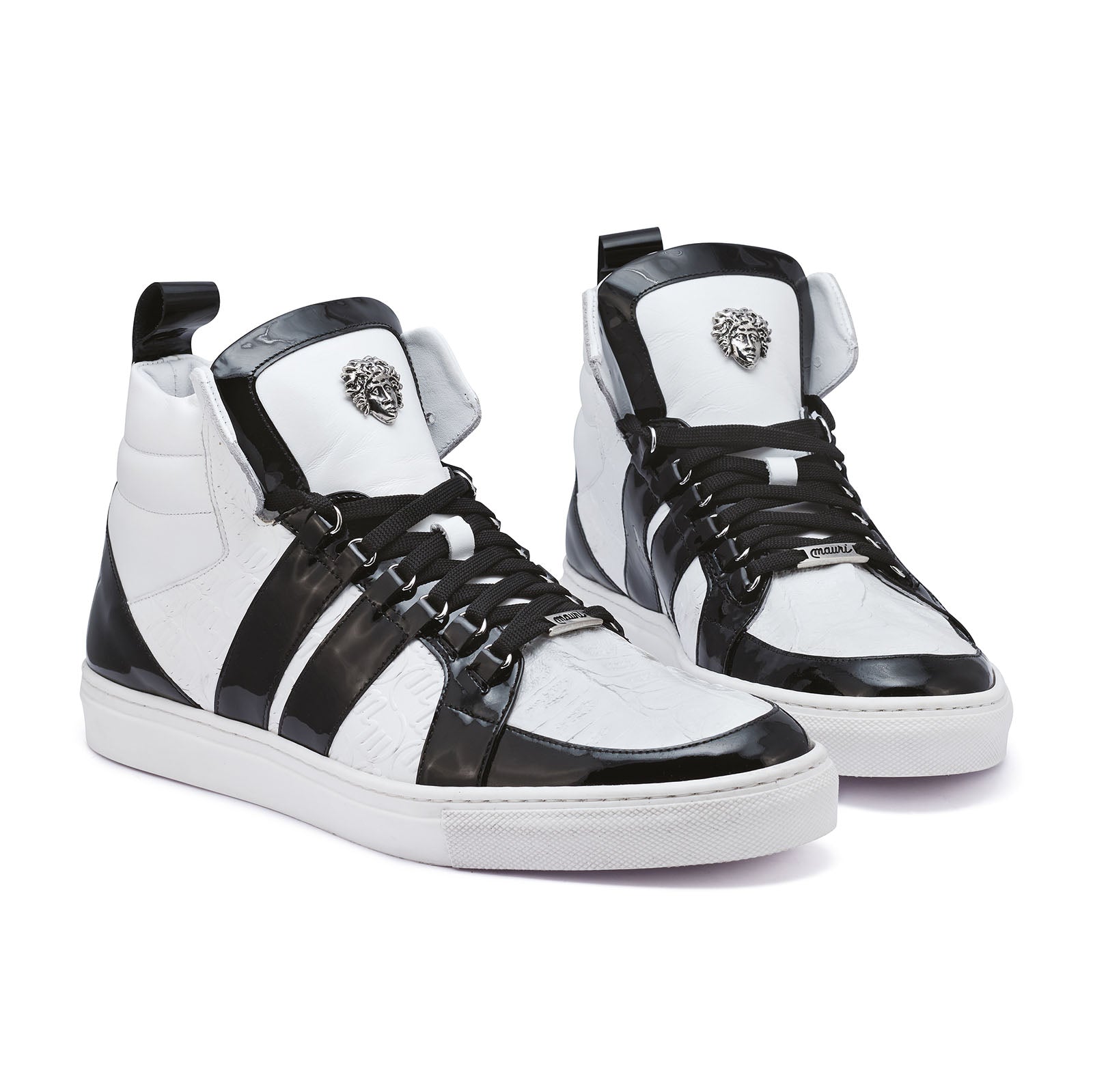 Mauri Blackjack 8410 Men's Shoes Black & White Exotic Crocodile / Patent / Nappa Leather High-Top Sneakers (MA5276)