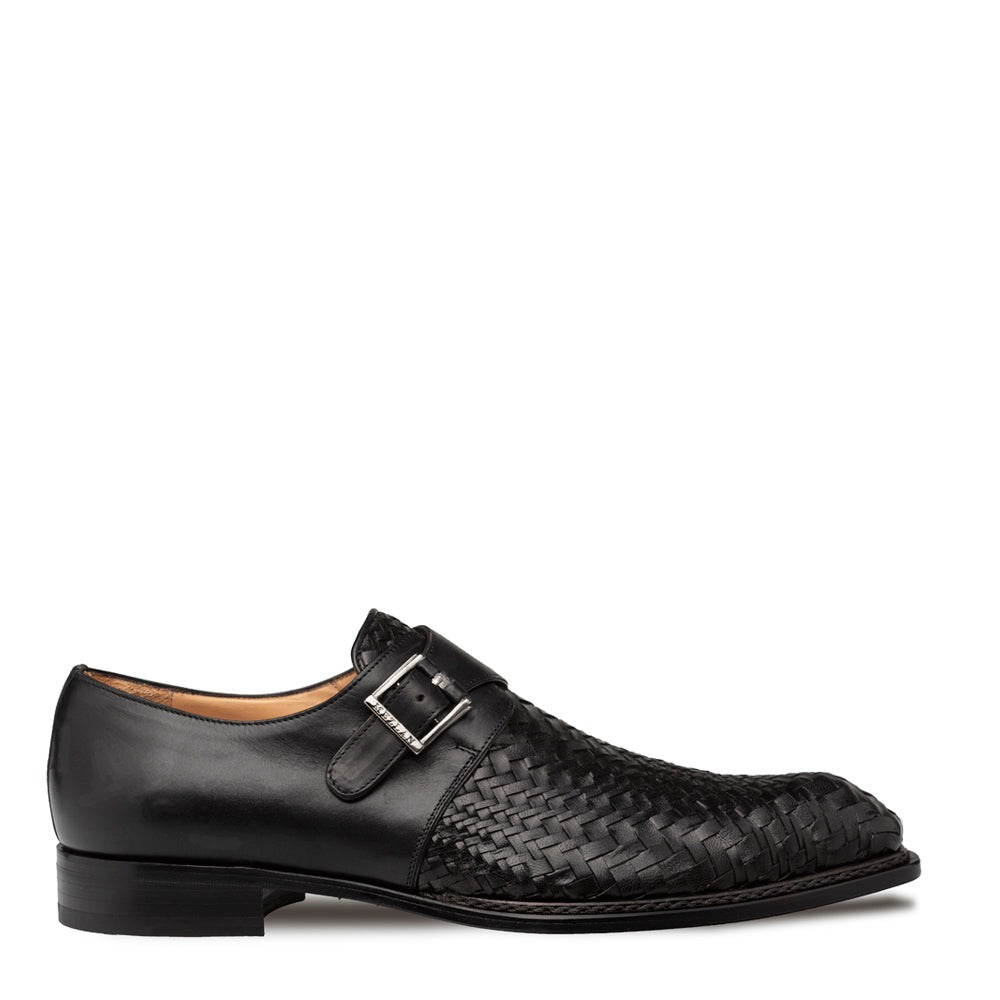 Mezlan Temi 21069 Men's Shoes Black Woven / Calf-Skin Leather Single Monk-Strap Loafers (MZ3742)