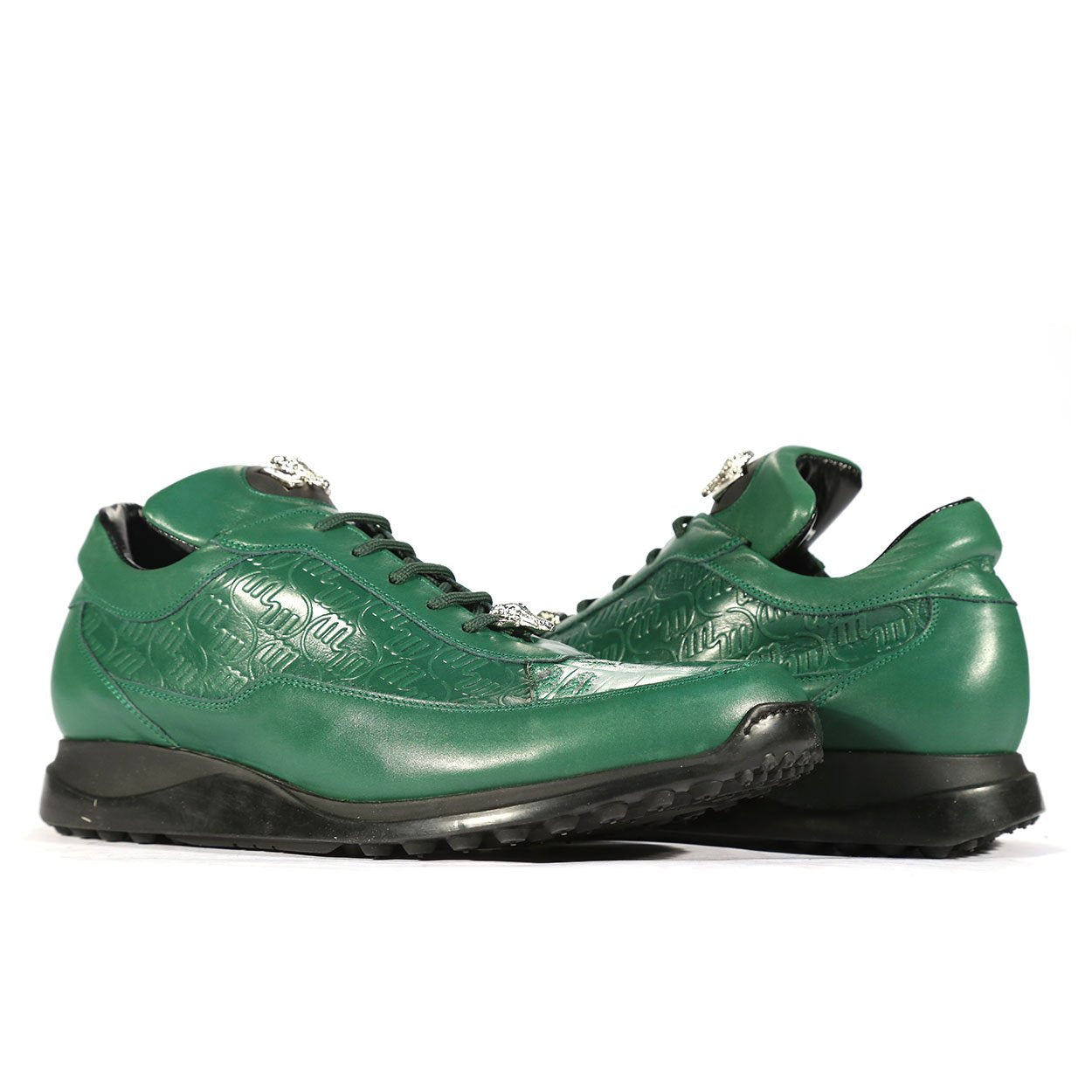 Mauri 8900/2 Italian Men's Designer Shoes Green Exotic Crocodile / King Nappa Embossed Casual Sneakers (MAS5282)