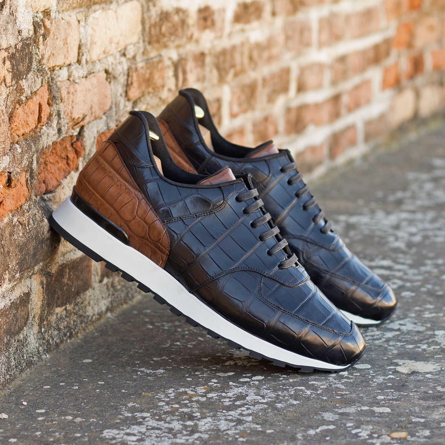 Ambrogio Bespoke Men's Shoes Black & Brown Exotic Alligator Casual Jogger Sneakers (AMB2284)