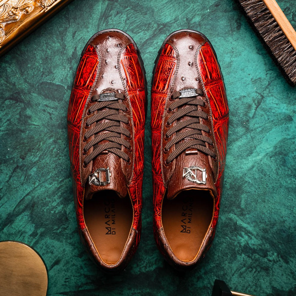Marco Di Milano Saulo Men's Shoes Green & Cognac Exotic Ostrich / Alligator Casual Sneakers (MDM1045)