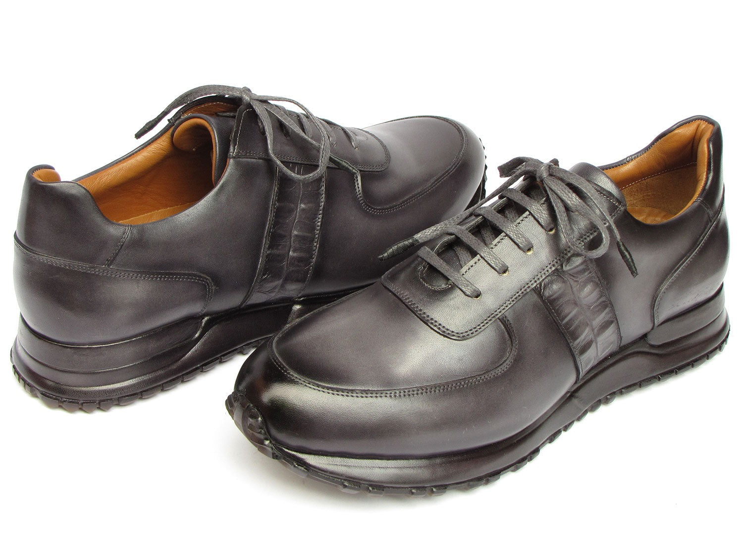 Paul Parkman LP207GRY Men's Shoes Gray & Black Patina Leather Sneakers (PM6432)