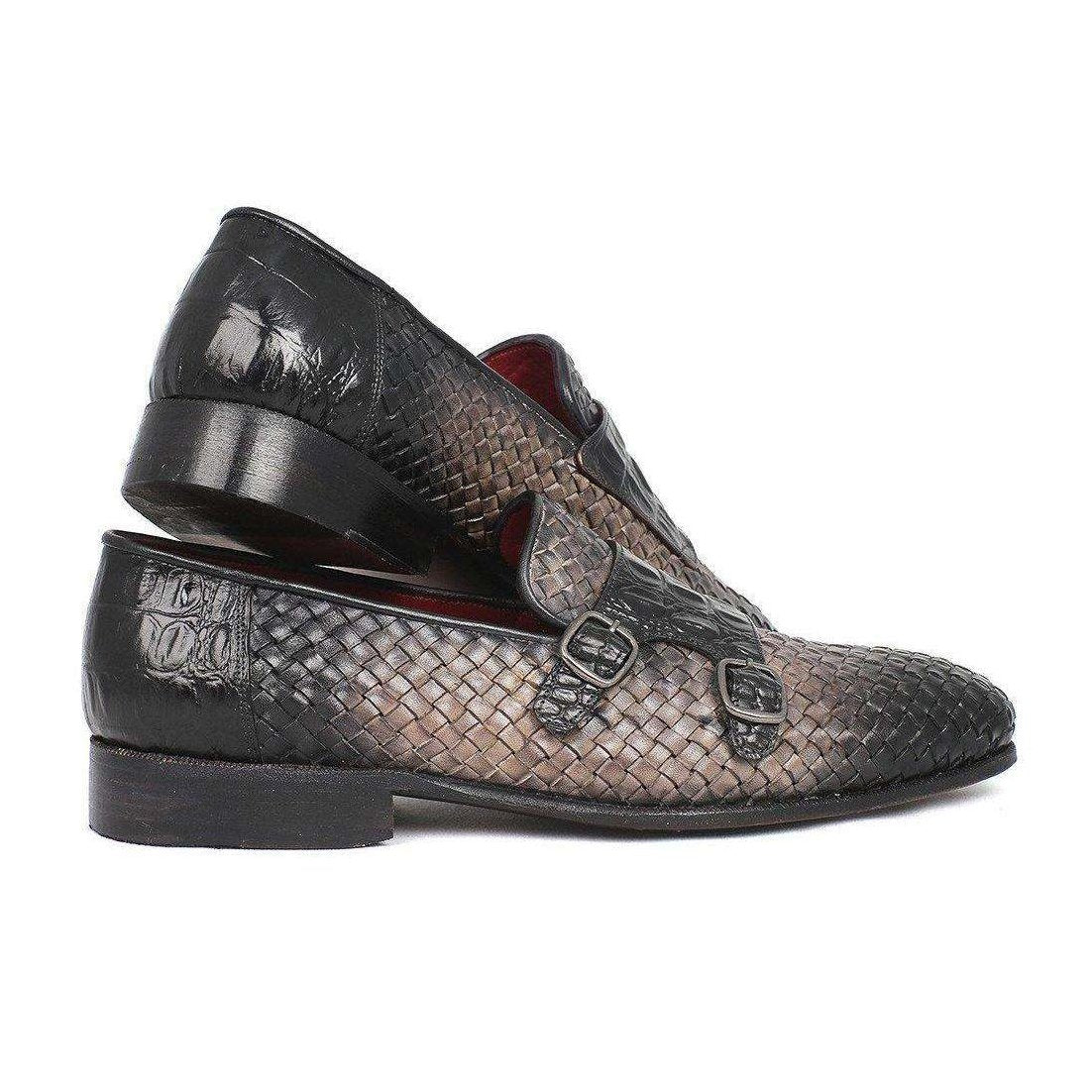 Paul Parkman Handmade Designer Shoes Gray Woven & Croc Embossed Monkstraps Loafers (PM5457)