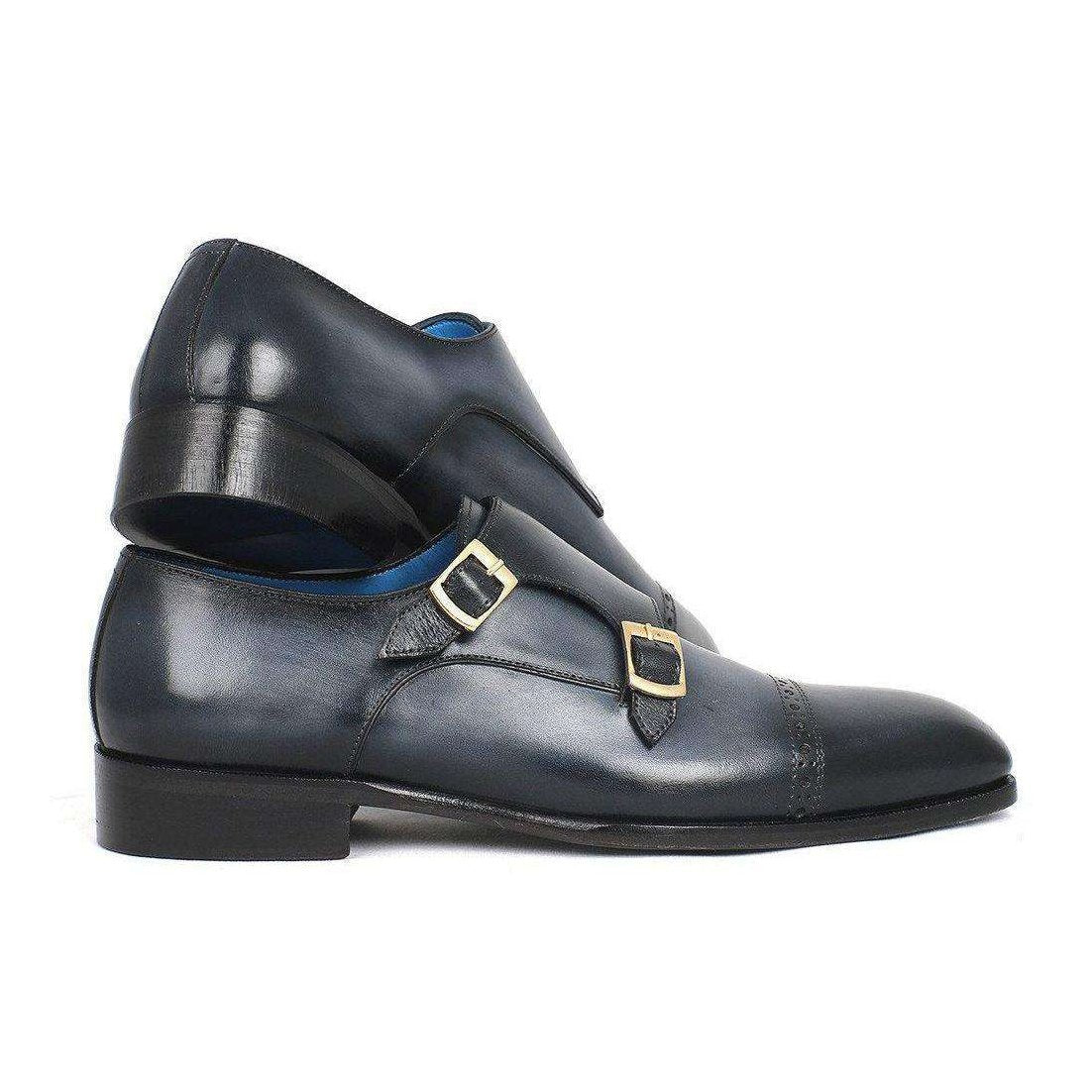 Paul Parkman Handmade Designer Shoes Captoe Double Monkstraps Navy Loafers (PM5460)