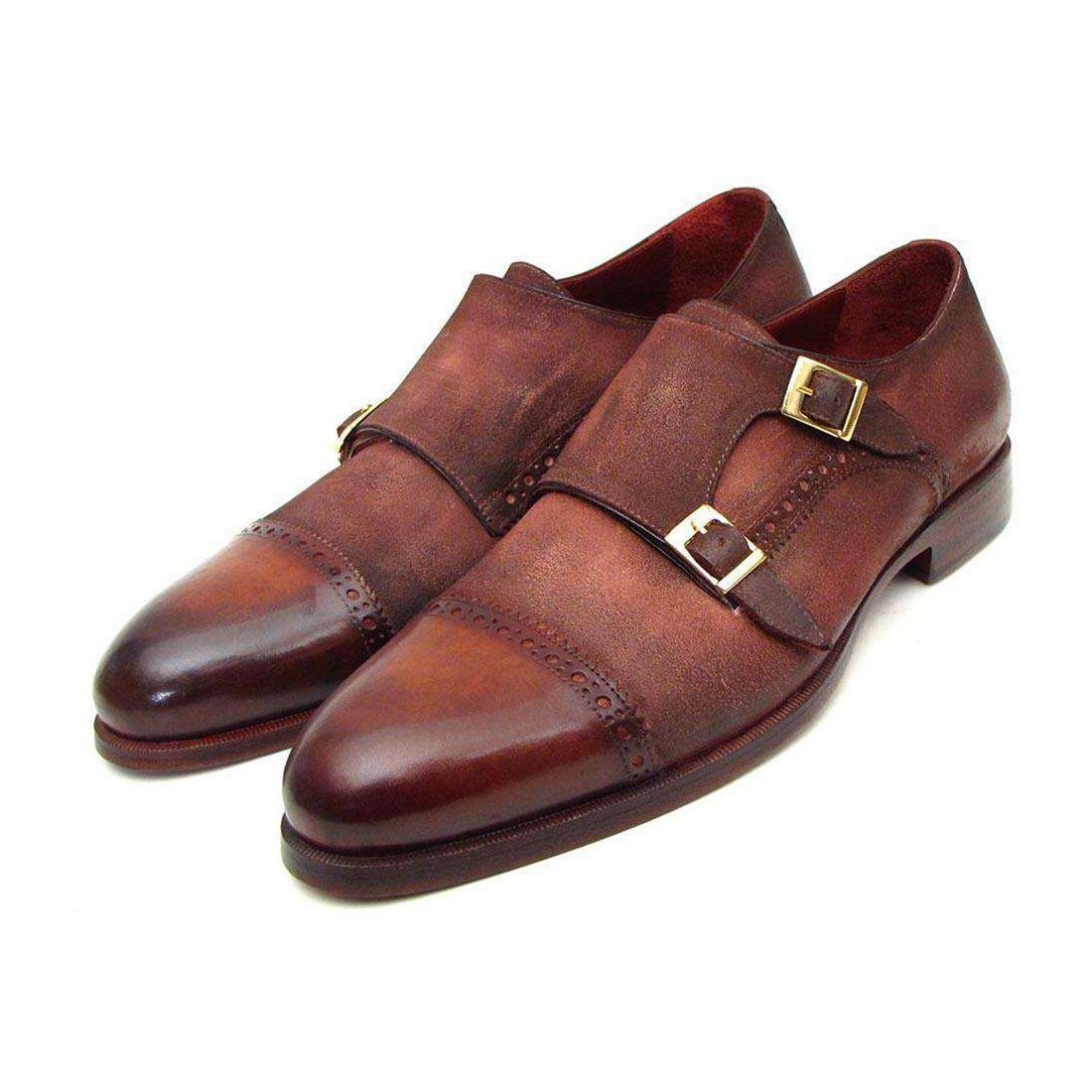 Paul Parkman Handmade Designer Shoes Men's Handmade Designer Shoes Captoe Double Monkstraps Suede Antique Brown Loafers (PM4025)