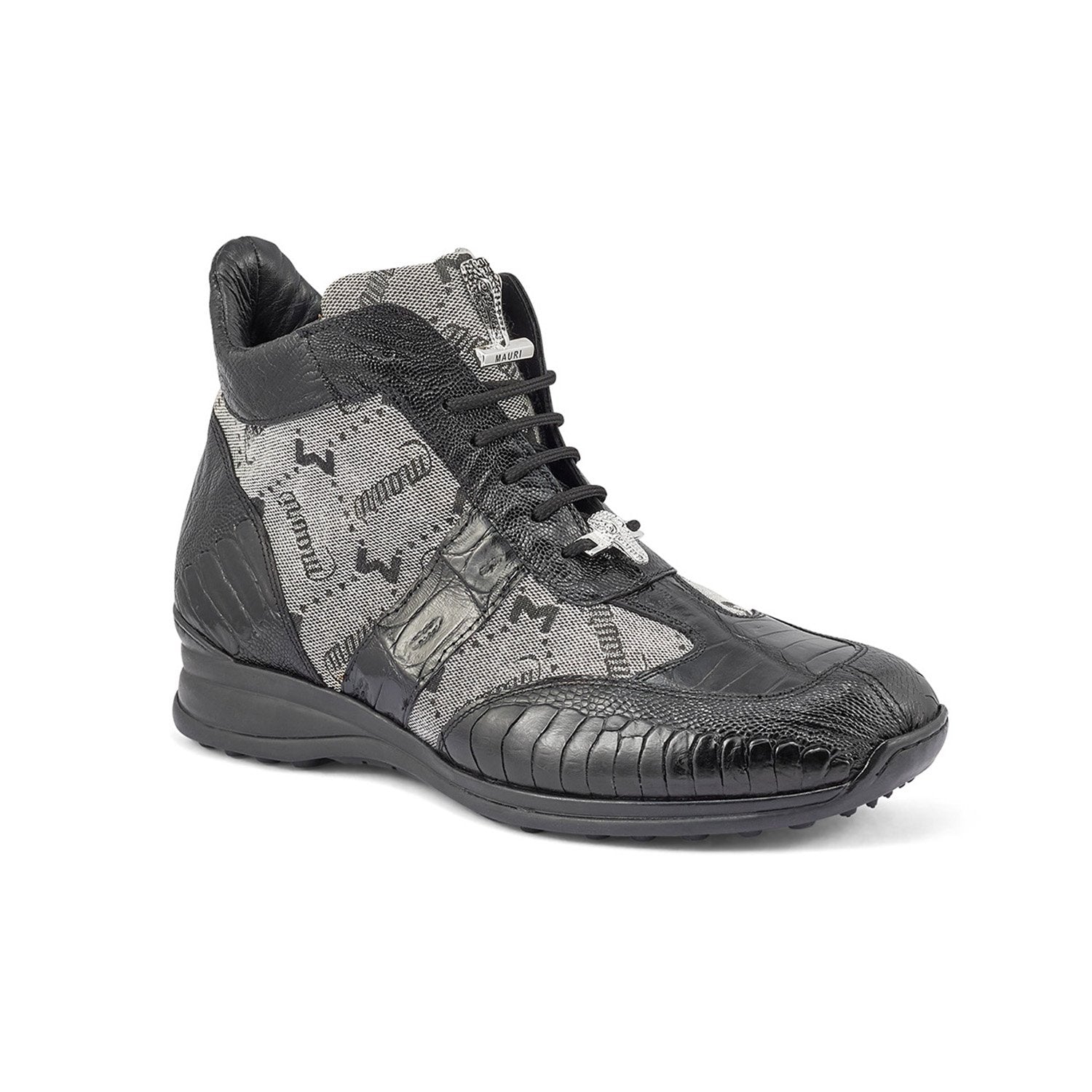 Mauri 8430 Signature Men's Shoes Black & Gray Exotic Ostrich Leg / Crocodile / Mauri Fabric Casual Sneakers (MA5393)
