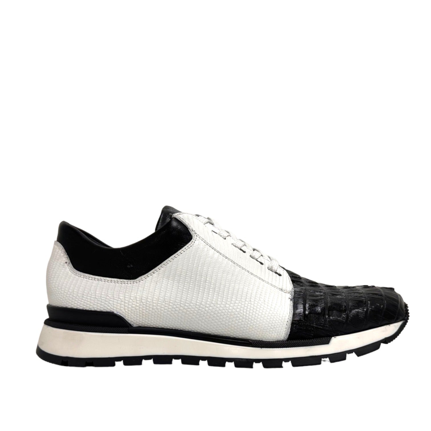 Belvedere 33631 Titan Men's Shoes Black & White Exotic Caiman Crocodile / Lizard / Calf-Skin Leather Casual Sneakers (BV3145)
