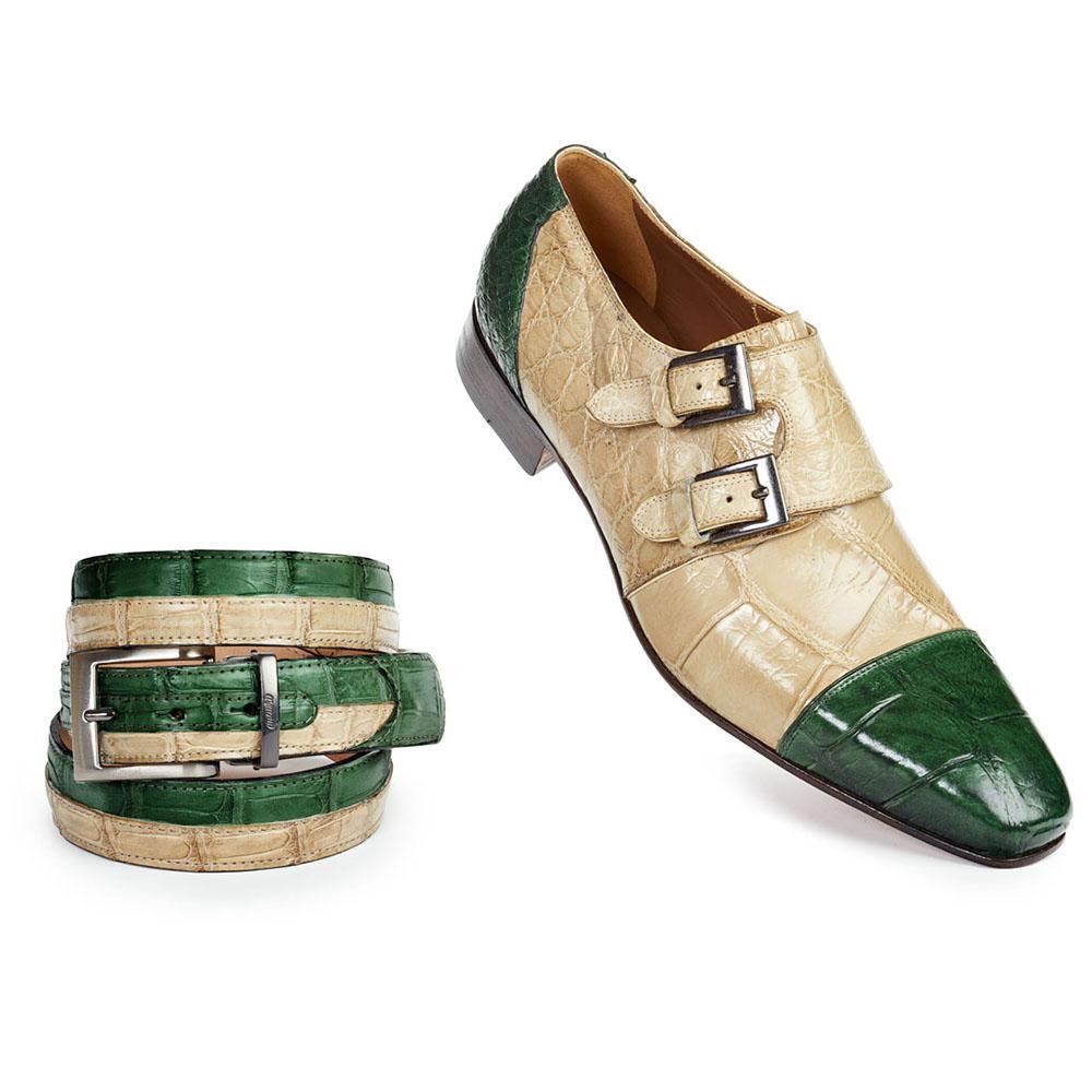 Mauri Men's Bone/Hunter Green Exotic Body Alligator Monkstrap Loafers 1152 (MA4407)