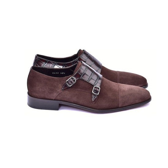 Corrente C00016-6433 Men's Shoes Brown Crocodile Print / Suede Leather Double Monk-Straps Loafers (CRT1489)