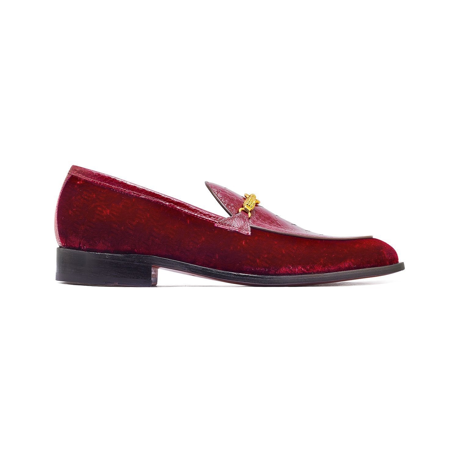 Mauri 4932 Baron Men's Shoes Ruby Red Velvet Print / Ostrich Leg Horsebit Loafers (MA5300)