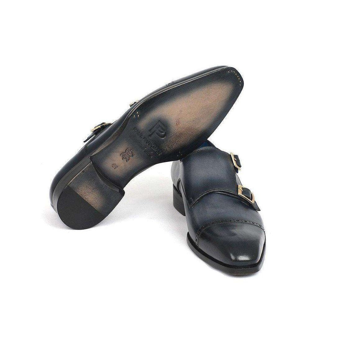 Paul Parkman Handmade Designer Shoes Captoe Double Monkstraps Navy Loafers (PM5460)
