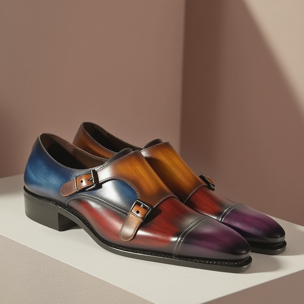 Ambrogio Men's Shoes Multi Patina Leather Monk-Straps Luxury Loafers (AMBX1000)