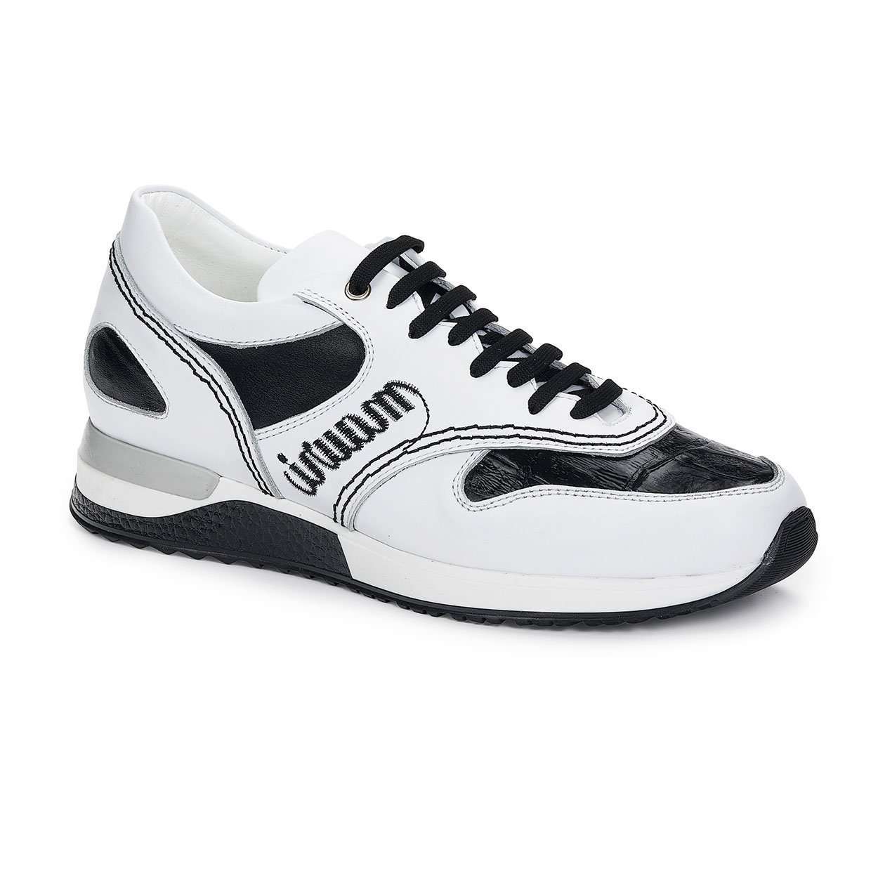 Mauri Designer Shoes Exotic Skin Men's Anil Calf & Baby Croc Black & White Sneakers 6199 (MA4925)