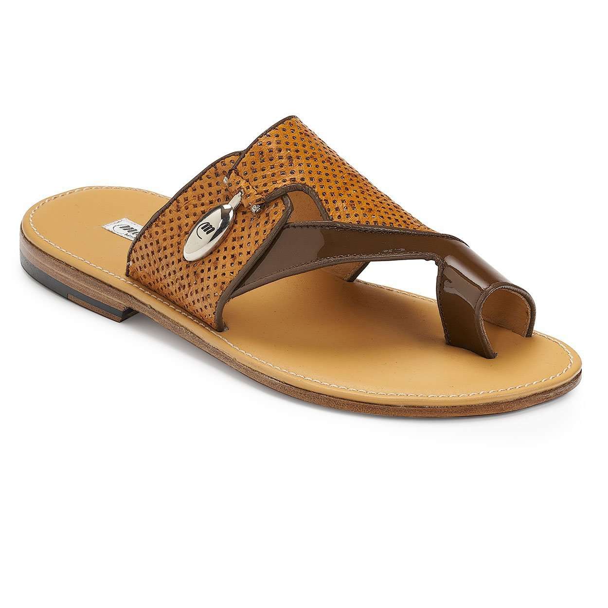 Mauri Designer Shoes Exotic Skin Men's Patent Leather & Ostrich Perforated Camel Sandals 5021 (MA4919)