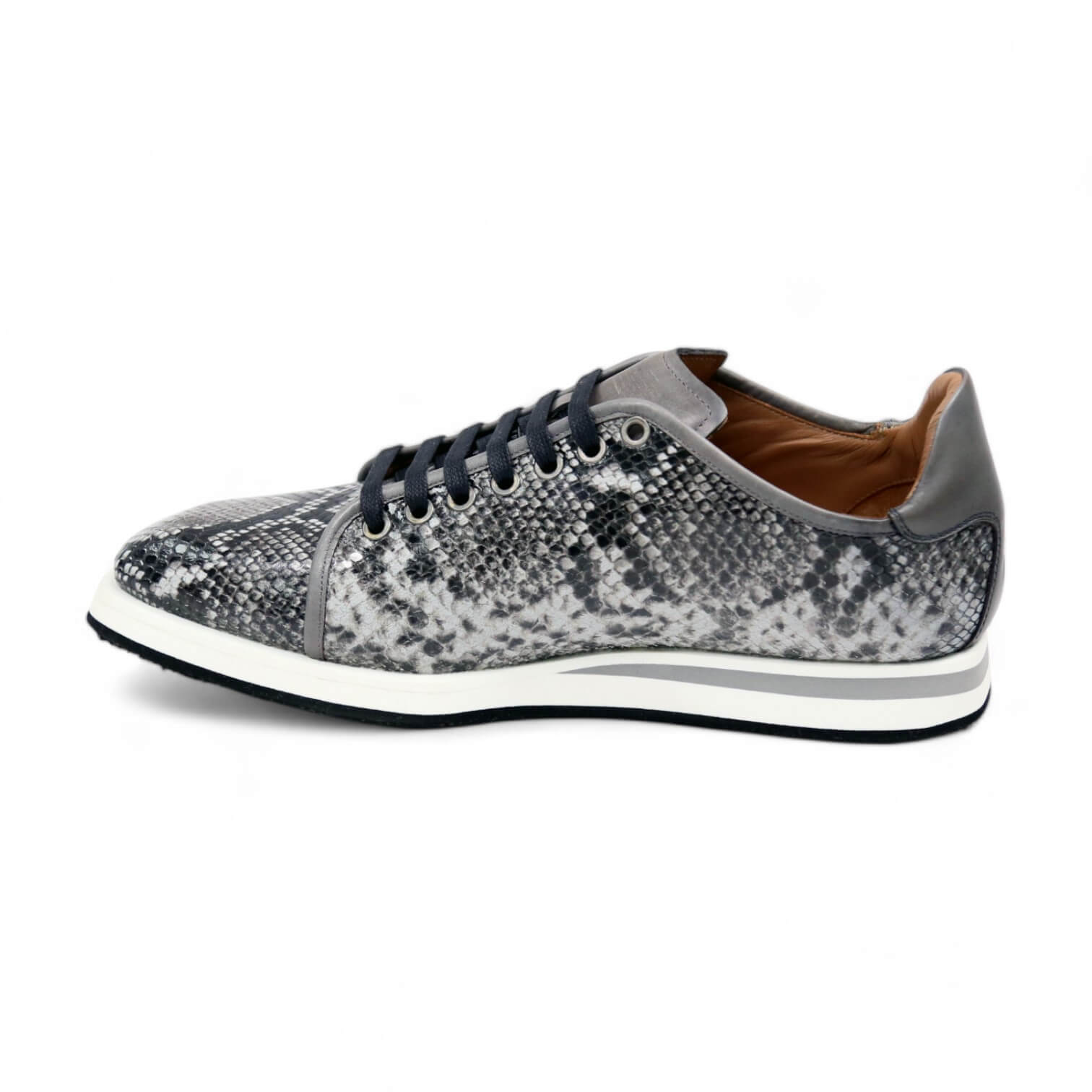 Ambrogio Men's Shoes White & Gray Snake-Print Leather Casual Sneakers (AMZ1008)