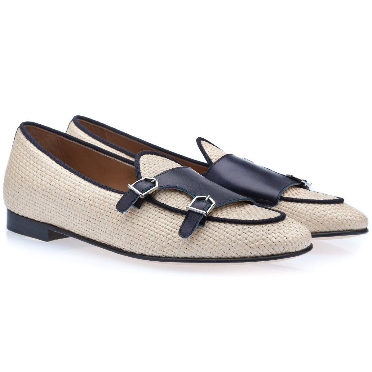 SUPERGLAMOUROUS Tangerine 7 Men's Shoes White & Navy Woven Rafia / Leather Monk-Straps Loafers (SPGM1130)