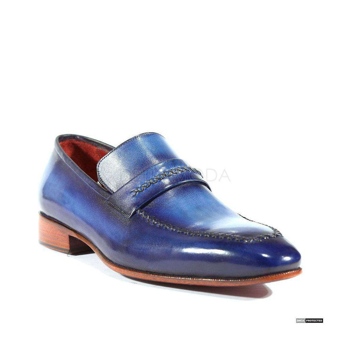 Paul Parkman Handmade Designer Shoes Handmade Men's Designer Shoes Stitched Hand-Painted Navy / Blue Loafers (PM1002)
