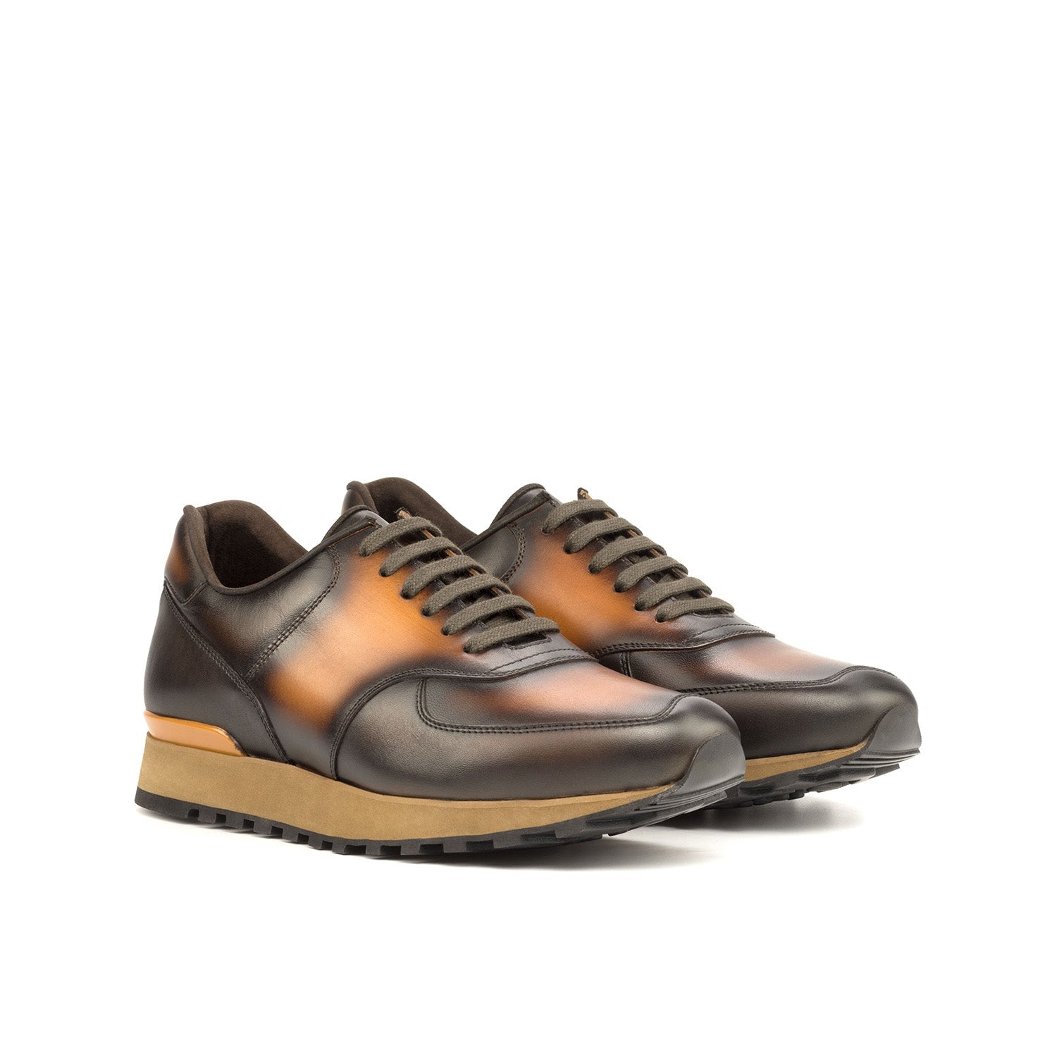 Ambrogio Bespoke Men's Shoes Cognac & Dark Brown Calf-Skin Leather Jogger Sneakers (AMB2245)