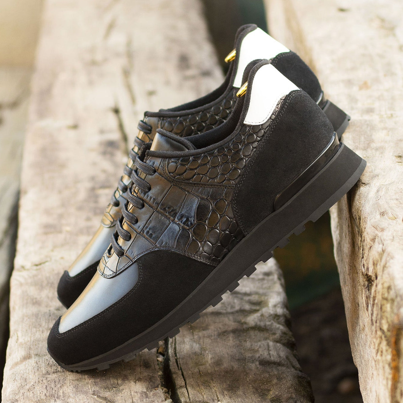 Ambrogio Bespoke Men's Shoes Black & White Multi-Material Jogger Sneakers (AMB2259)