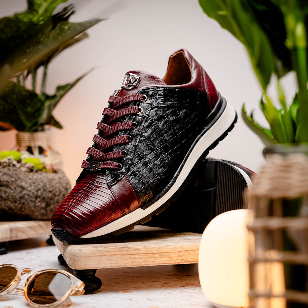 Marco Di Milano Portici Men's Shoes Wine & Black Exotic Lizard / Crocodile Casual Sneakers (MDM1016)